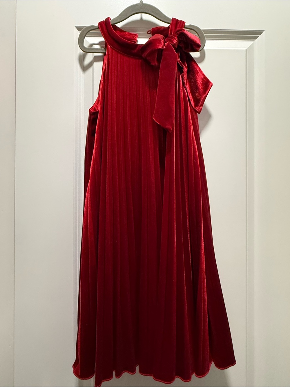 GB girls Red Velvet Bow-Shoulder Pleated A-Line Dress - Youth Medium